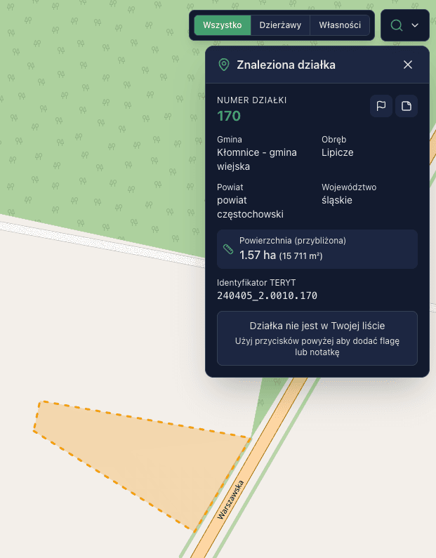 Szczegóły działki - dane katastralne pobrane automatycznie z ULDK