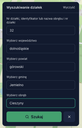 Wyszukiwanie działki na mapie interaktywnej
